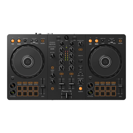 Pioneer DJ DN-FLX4 2-step DJ controller in black with orange accents, shown from a front-facing perspective on a solid white background.
