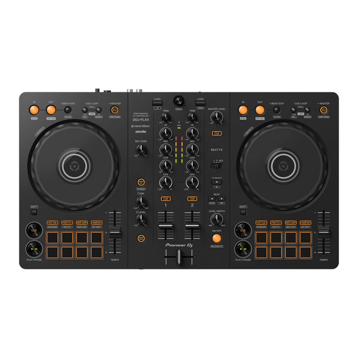 Pioneer DJ DN-FLX4 2-step DJ controller in black with orange accents, shown from a front-facing perspective on a solid white background.