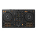 Pioneer DJ DN-FLX4 2-step DJ controller in black with orange accents, shown from a front-facing perspective on a solid white background.