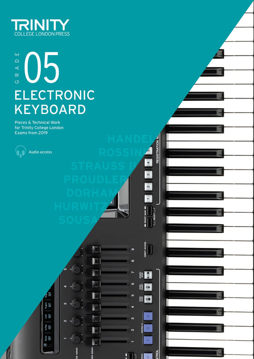 Front cover of a Trinity College London Press book titled 'Grade 05 Electronic Keyboard', showing a teal title panel over a close-up photograph of a piano keyboard and control panel.