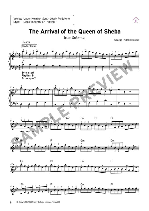 Sheet music page for 'The Arrival of the Queen of Sheba from Solomon' with musical notation, chord symbols, and a large diagonal 'SAMPLE PREVIEW' watermark across the page.