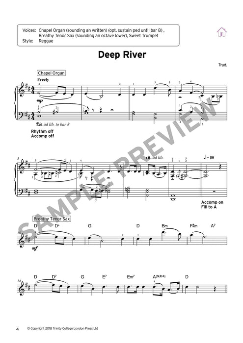 A printed sheet music page titled 'Deep River' with piano notation, chord labels, and a large diagonal 'SAMPLE PREVIEW' watermark across the page.